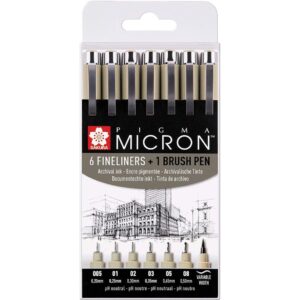 Sakura - Pigma Micron Fineliners 6 + 1 Brush Pen - Svart