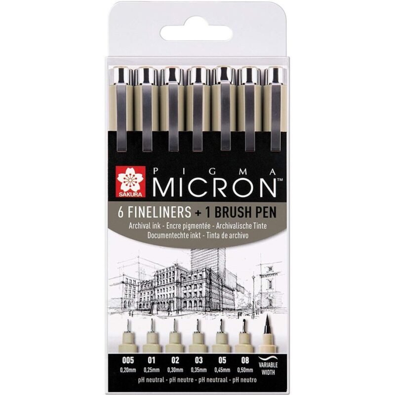 Sakura - Pigma Micron Fineliners 6 + 1 Brush Pen - Svart
