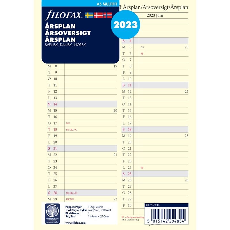 Filofax Refill Årsplan 2023 Tudos